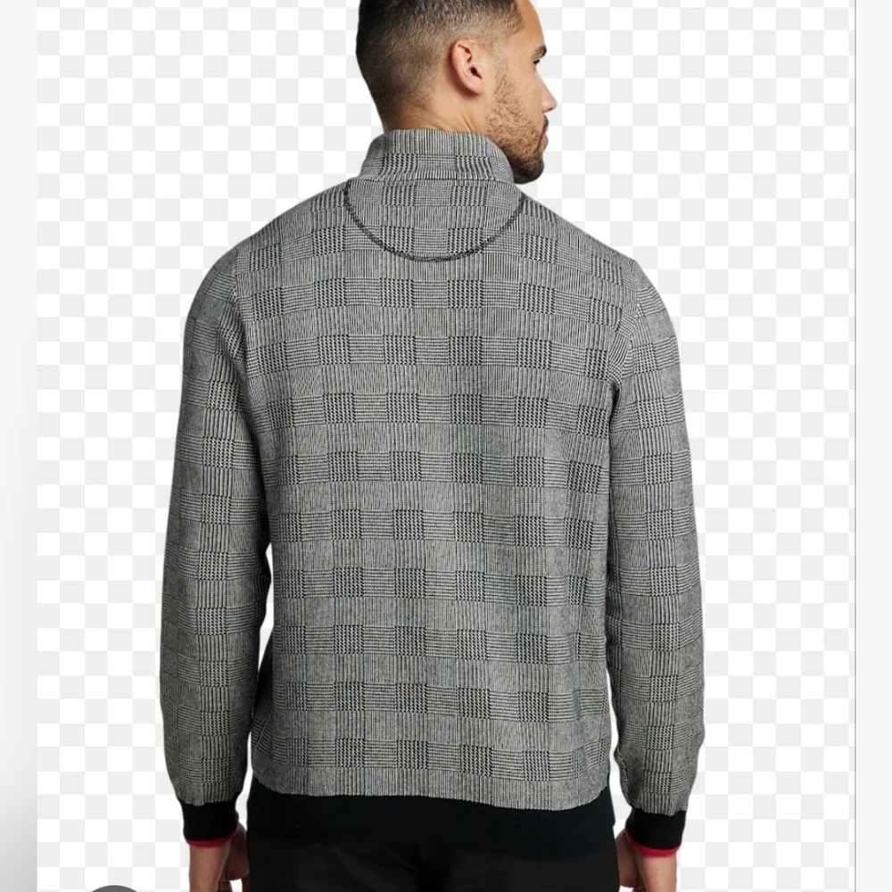 Paul Fredrick Black and Gray Checkered Quarter Zip Mock Neck Sweater